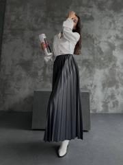 pliseli deri görünümlü uzun etek asm450 füme
