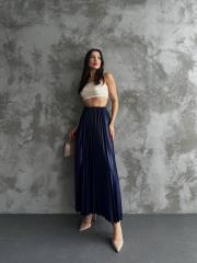 pliseli deri görünümlü uzun etek asm450 lacivert