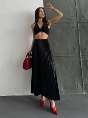 pliseli deri görünümlü uzun etek asm450 siyah