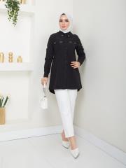 yakası taş detaylı yazlık tunik asm218 siyah 2