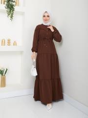 beli tünelli yazlık elbise asm1034 kahve 3