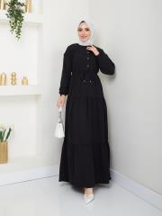 beli tünelli yazlık elbise asm1034 siyah 3