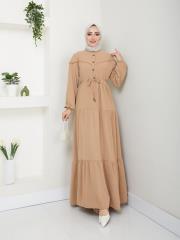 beli tünelli yazlık elbise asm1034 bej 3