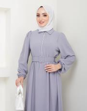 beli̇ kemerli yazlık elbi̇se asm232 gri 3