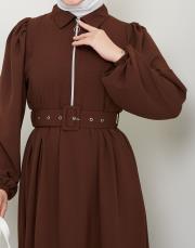 beli̇ kemerli yazlık elbi̇se asm232 kahve 3