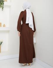 beli̇ kemerli yazlık elbi̇se asm232 kahve 4