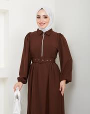 beli̇ kemerli yazlık elbi̇se asm232 kahve 5