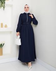beli̇ kemerli yazlık elbi̇se asm232 lacivert 2