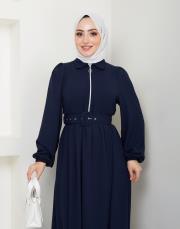 beli̇ kemerli yazlık elbi̇se asm232 lacivert 5