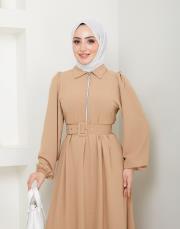 beli̇ kemerli yazlık elbi̇se asm232 bej 2