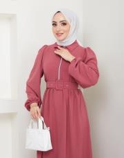 beli̇ kemerli yazlık elbi̇se asm232 gül 4