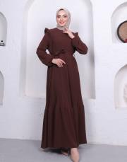 omuz detaylı piliseli yazlık elbise asm242 kahve