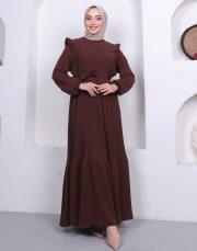 omuz detaylı piliseli yazlık elbise asm242 kahve 2