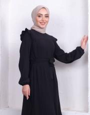 omuz detaylı piliseli yazlık elbise asm242 siyah 2