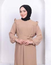 omuz detaylı piliseli yazlık elbise asm242 bej 5