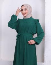 omuz detaylı piliseli yazlık elbise asm242 zümrüt 2