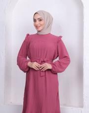 omuz detaylı piliseli yazlık elbise asm242 gül 3