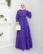 ön nakış detaylı beli gipeli yazlık elbise asm7063 mor 3