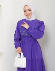 ön nakış detaylı beli gipeli yazlık elbise asm7063 mor 6