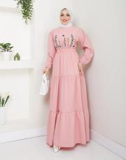 ön nakış detaylı beli gipeli yazlık elbise asm7063 pudra