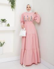 ön nakış detaylı beli gipeli yazlık elbise asm7063 pudra 2