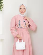 ön nakış detaylı beli gipeli yazlık elbise asm7063 pudra 6