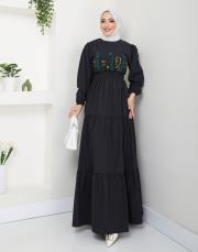 ön nakış detaylı beli gipeli yazlık elbise asm7063 siyah