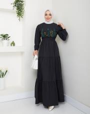 ön nakış detaylı beli gipeli yazlık elbise asm7063 siyah 2