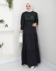 ön nakış detaylı beli gipeli yazlık elbise asm7063 siyah 3