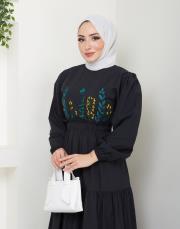 ön nakış detaylı beli gipeli yazlık elbise asm7063 siyah 5