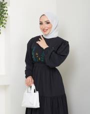 ön nakış detaylı beli gipeli yazlık elbise asm7063 siyah 6