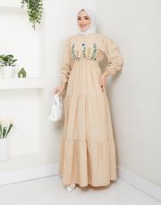 ön nakış detaylı beli gipeli yazlık elbise asm7063 bej