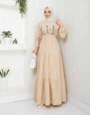 ön nakış detaylı beli gipeli yazlık elbise asm7063 bej 2