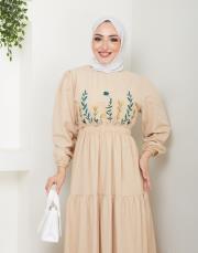 ön nakış detaylı beli gipeli yazlık elbise asm7063 bej 5