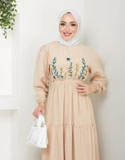 ön nakış detaylı beli gipeli yazlık elbise asm7063 bej 6