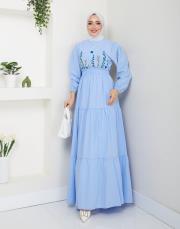ön nakış detaylı beli gipeli yazlık elbise asm7063 buz mavisi