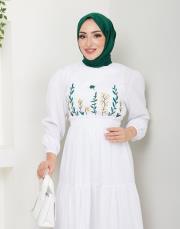 ön nakış detaylı beli gipeli yazlık elbise asm7063 beyaz 6