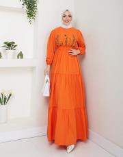 ön nakış detaylı beli gipeli yazlık elbise asm7063 oranj 2