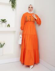 ön nakış detaylı beli gipeli yazlık elbise asm7063 oranj 3