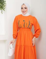 ön nakış detaylı beli gipeli yazlık elbise asm7063 oranj 5