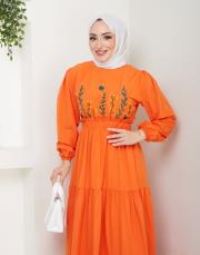 ön nakış detaylı beli gipeli yazlık elbise asm7063 oranj 6