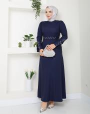 krep kol detaylı yazlık elbise asm174 lacivert 4