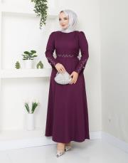 krep kol detaylı yazlık elbise asm174 mor