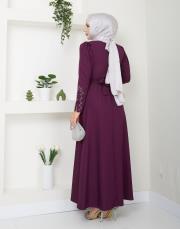 krep kol detaylı yazlık elbise asm174 mor 3