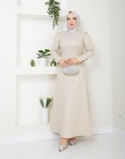 krep kol detaylı yazlık elbise asm174 bej