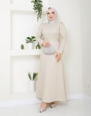 krep kol detaylı yazlık elbise asm174 bej 2