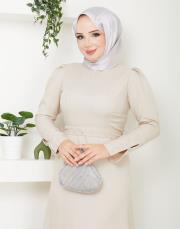 krep kol detaylı yazlık elbise asm174 bej 4