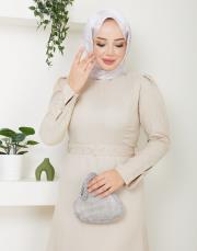 krep kol detaylı yazlık elbise asm174 bej 5