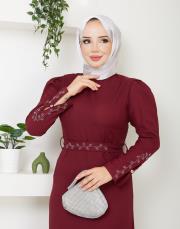 krep kol detaylı yazlık elbise asm174 bordo 2