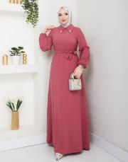 yaka detaylı elbise asm244 pudra